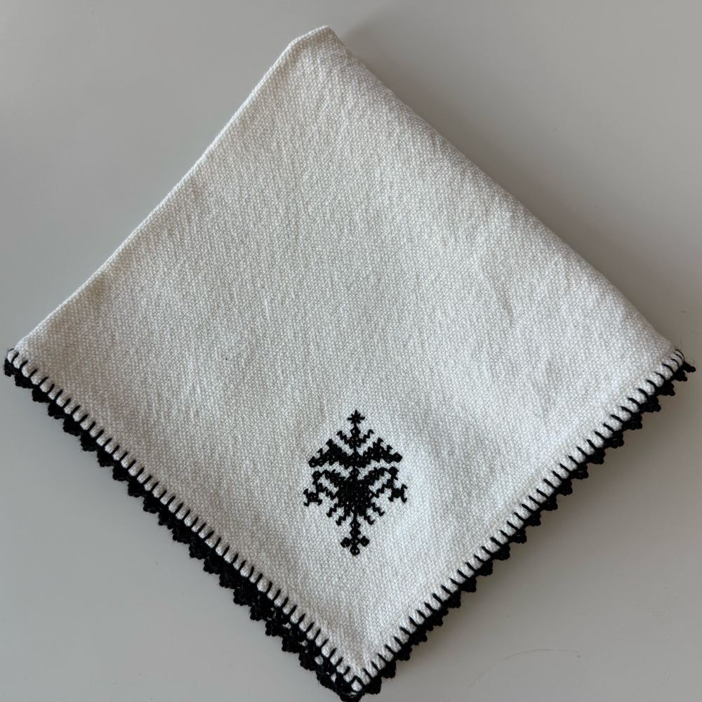 Embroidered White Linen Napkin with Black Trim